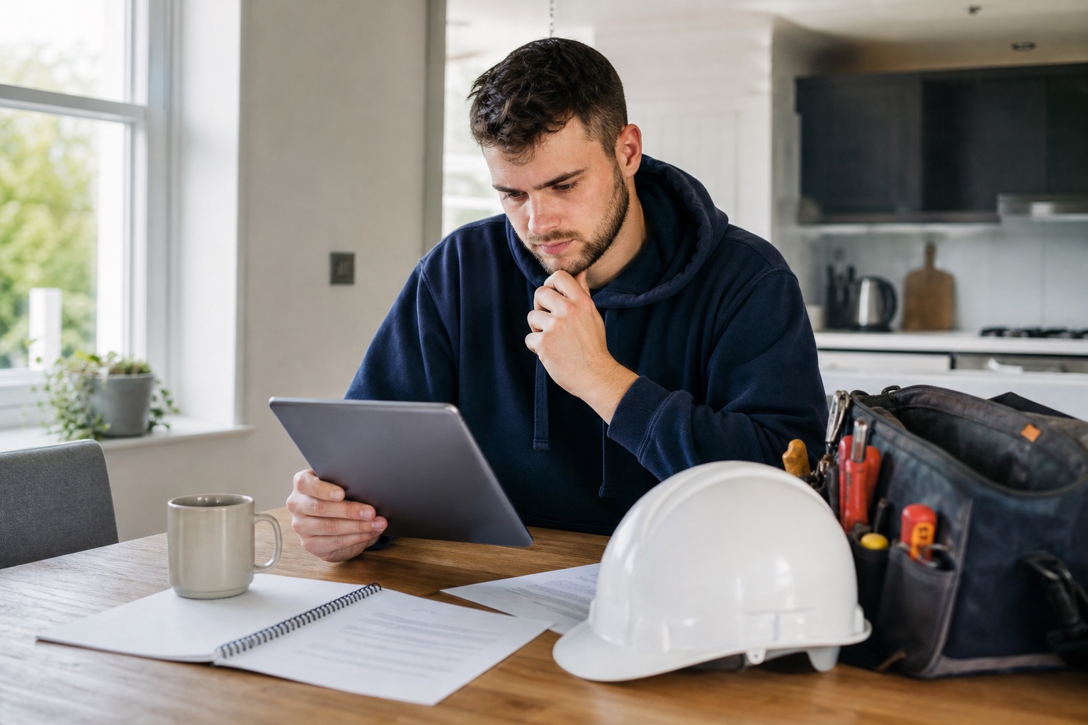Someone looking for tradesman insurance on a tablet