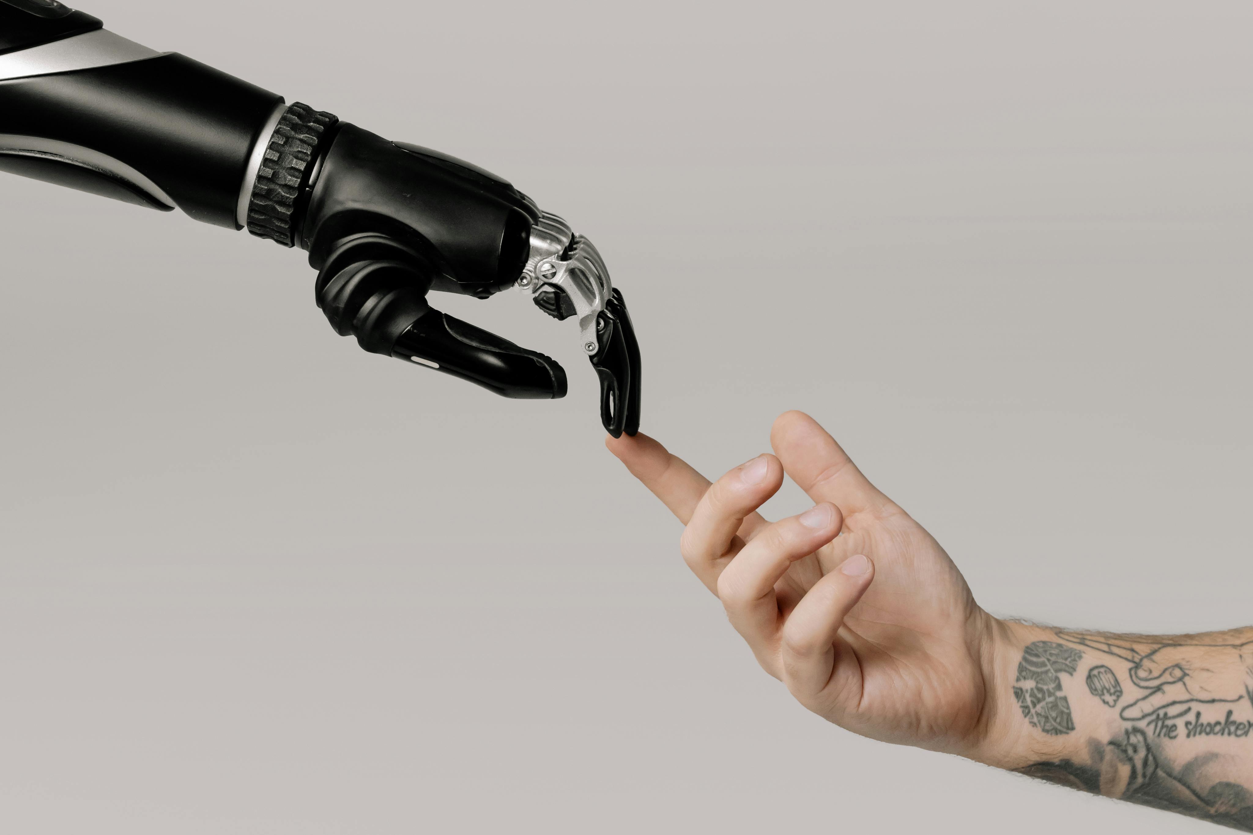 A human hand touching a robot one